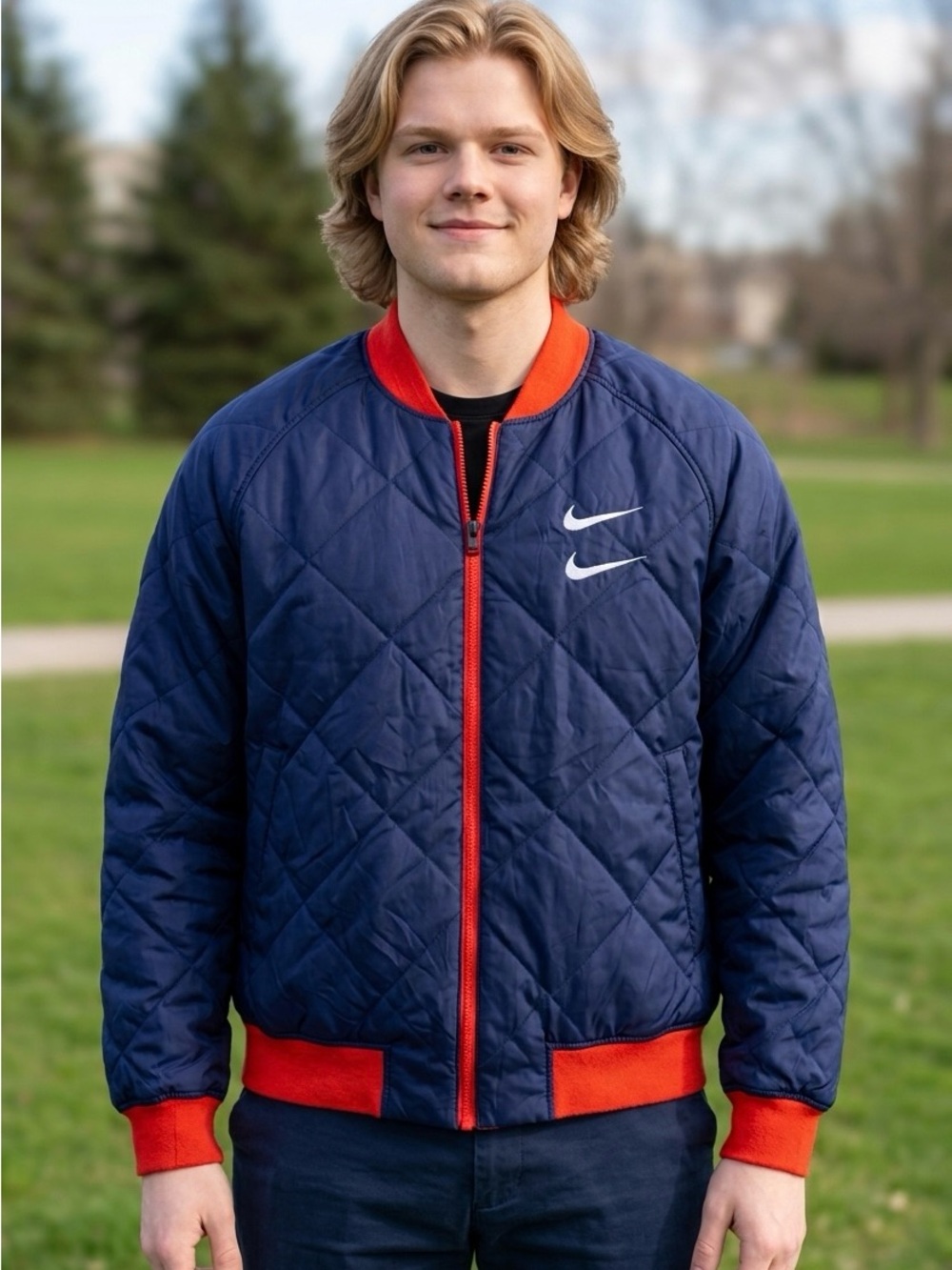 Nike Retro Y2K Swoosh Reversible Orange Blue Bomber Fall Quilted Jacket Coat-XXL
